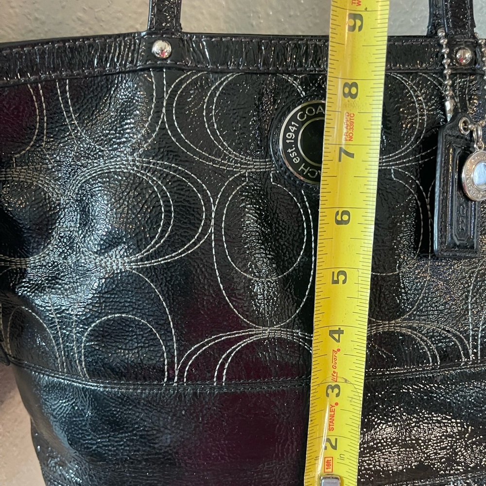 Black Coach Signature Stripe Stitched Patent Leather Bag